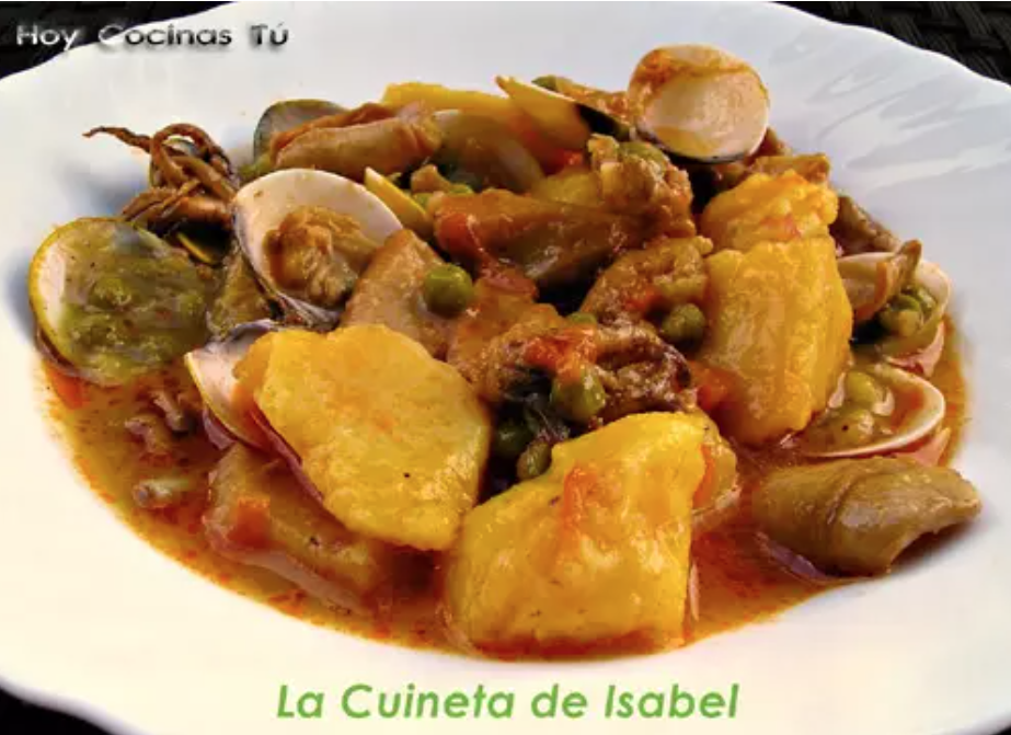 Ensalada de pimientos asados atún y huevo con guiso de calamares y almejas